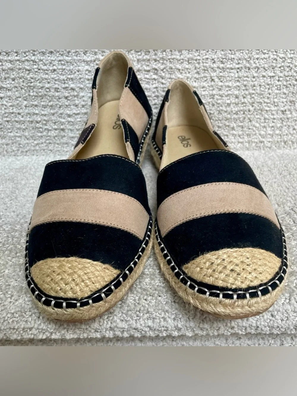 Ellos Women's 11M Faux Black Tan Suede Jute Espadrille Flats Shoes Summer Travel